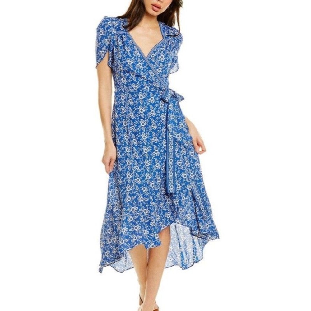 Max Studio Shirt Dress M Wrap High Low Midi Blue White Floral Retro Chiffon
